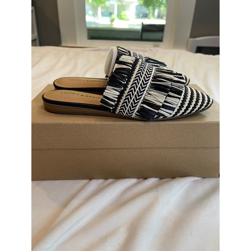 Lucky Brand Baoss Mules Black Natural Woven Pele Tape Fringe Pointed Toe Flats - Picture 4 of 8